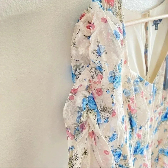 LULU'S Lovely Type Ivory Floral Print Puff Sleeve A-Line Mini Dress Sz Medium - Picture 6 of 13